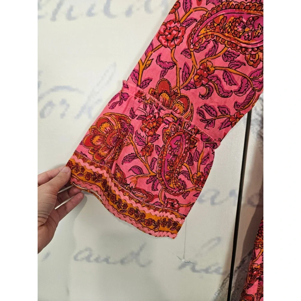 Lola Australia Tunic Dress Small Pink Paisley Tiered Ric Rac Bell Sleeve Boho